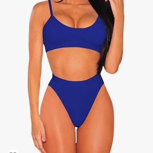 high rise two piece sapphire blue swimsuit.